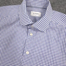 Eton Dress Shirt Mens 16-35 Blue White Check Fine Twill Stretch Slim Fit Preppy