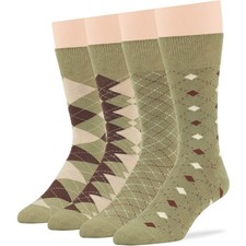 Men Bamboo Patterned Fashion Dress Crew Socks Large 4 Pack Argyle Khaki