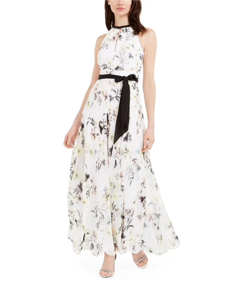 Calvin Klein Womens Floral Print Chiffon Gown Dress, yellowblossom, 6