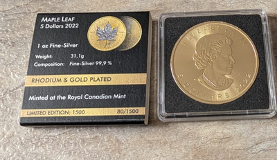 1 OZ Silver Coin Gold & Rhodium Plated - MAPLE LEAF 2022  Fine Silber Canada