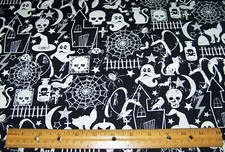 1 yard of Halloween GHOSTS BATS CATS WEBS SPIDERS on BLACK 100 cotton fabric