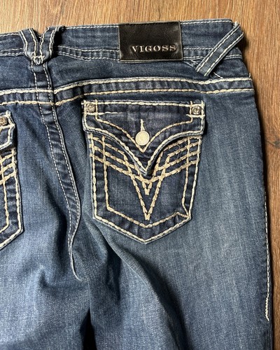 VIGOSS Jeans Womens Blue NY Boot Cut Stretch Embroidery Studs Flap Pkt 34x32 - Picture 11 of 12