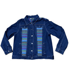 Tantrums Jean Jacket Women M Rainbow Boho Floral Tribal Aztec Western Blue Denim
