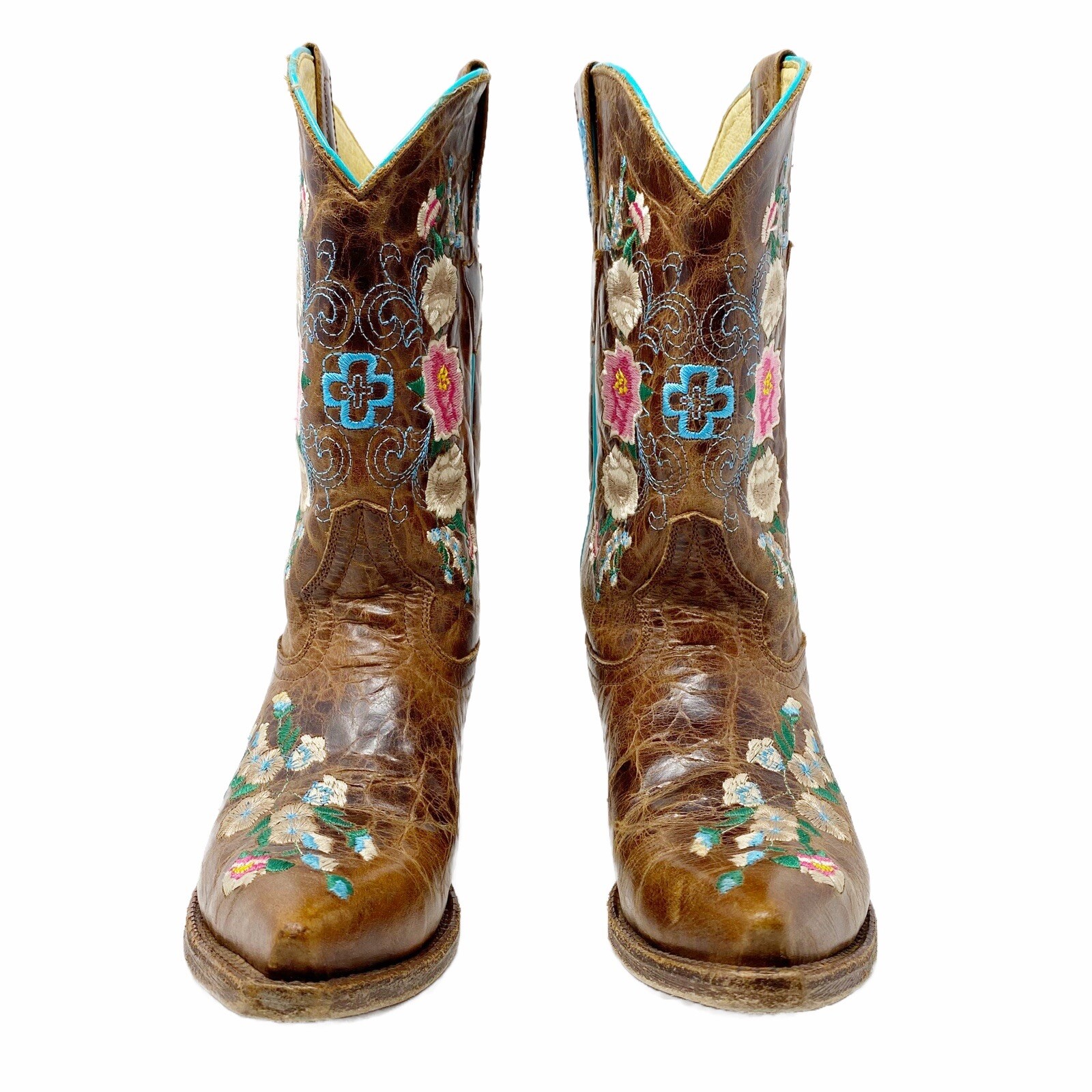 Macie Bean Rose Garden Brown Leather Boots Floral Pointed Toe Cowgirl