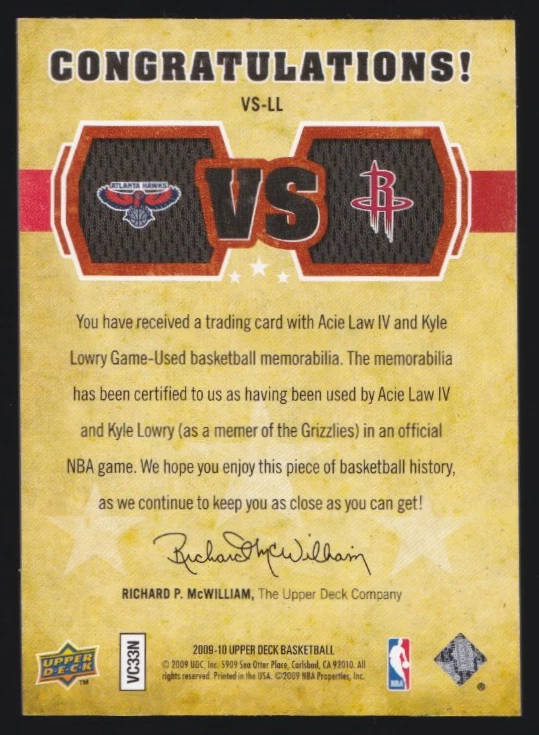 2009-10 Upper Deck VS Dual Materials Bronze #VS-LL Acie Law Kyle Lowry #004/150 - Image 2 of 2