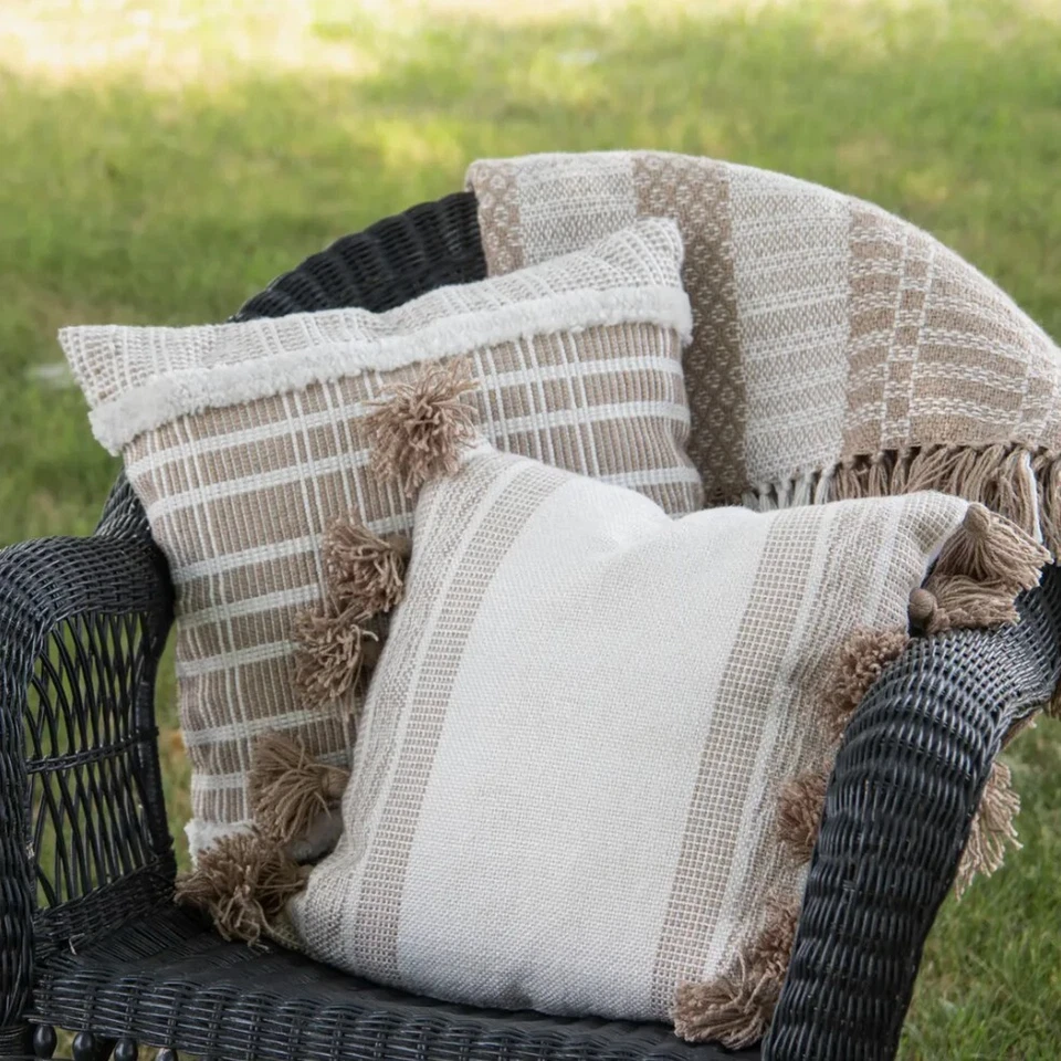 NEW! Hand Woven Pillow Taupe & White, Tassels, Ticking Stripes 18" Square - Image 2 of 4