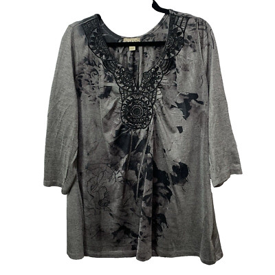 Live and Let Live Woman Gray/Black Detailed 3/4 Sleeve Top Plus Size 2X