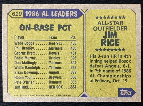 Jim Rice Signed 1987 Topps #610 Baseball Card Boston Red Sox Autograph HOF TPG - Picture 2 of 2