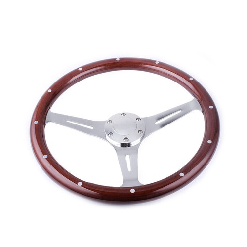 380mm 15" 6 Hole Chrome Dark Steering Wheel Beauty Real Wood Grip Spoke3 w/ Horn - Picture 8 of 15