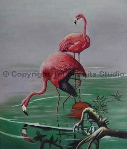 Flamingos-At-The-Lake-Original-Handmade-Oil-Painting-on-Canvas-Art-30-034-x-36-034