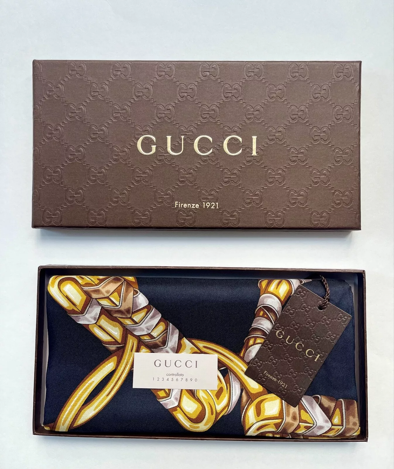 Nouveau Gucci écharpe unisexe logo emblématique imprimé noir soie wrap avec boîte cadeau Gucci