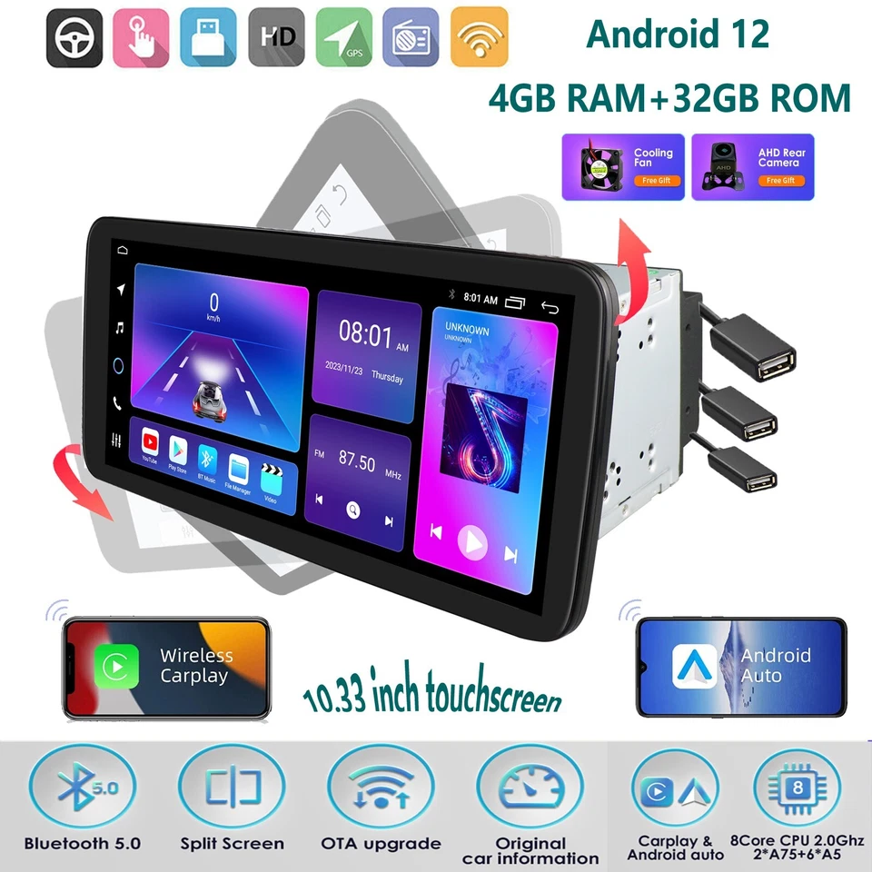 4+32G Double 2DIN Rotatable 10.3'' Android 12 Touch Car Stereo Radio GPS Wifi BT - Image 2 of 4