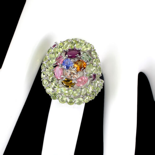 Anillo De Plata 925 Ovalado De Rodolita Tanzanita Y Turmalina Tamaño 9.5 - Imagen 3 de 10