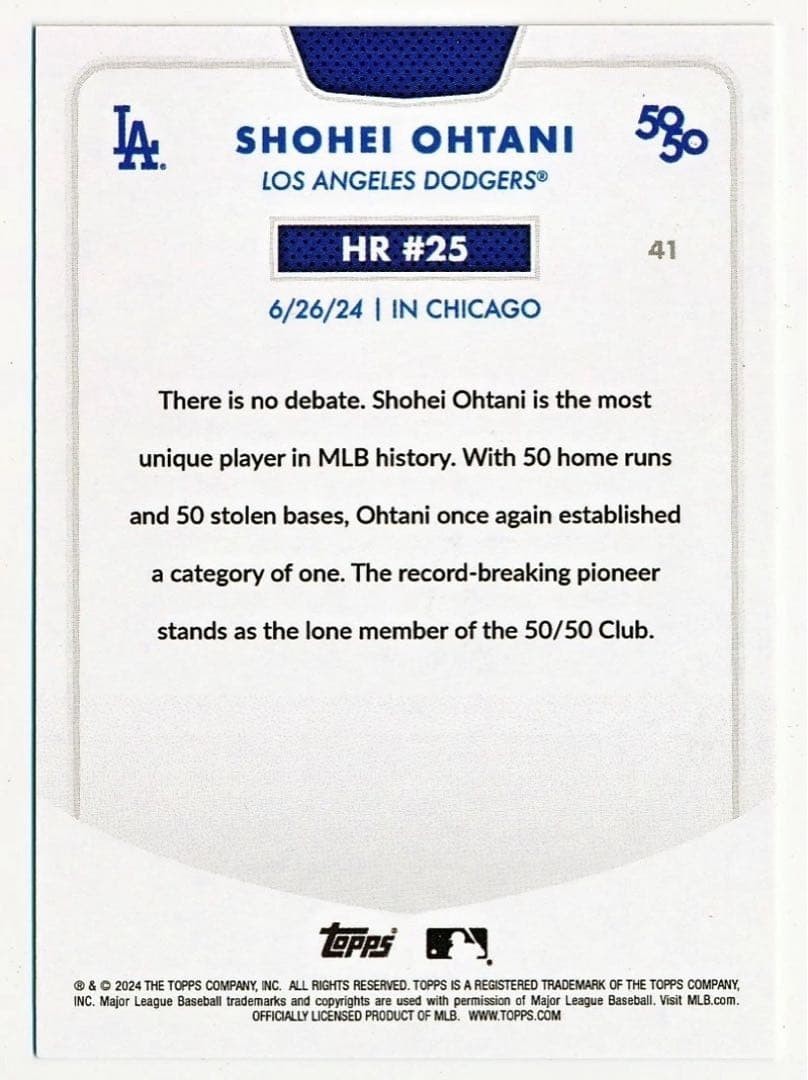 Topps 50/50 Shohei Ohtani 2024 HR#25 Jpanese KANJI Limited Edition 