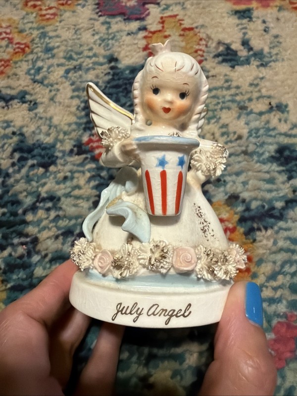 Napco Vintage July Girl Angel S1367 Top Hat Figurine Gold Trim Ruffles
