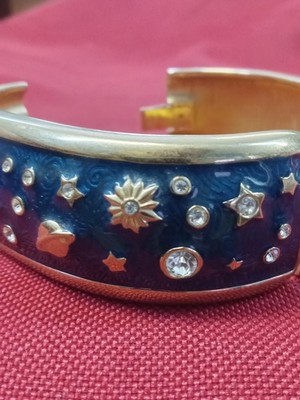 Vintage Swarovski Swan Signed Celestial Moon Stars Blue Enamel Crystal Bracelet