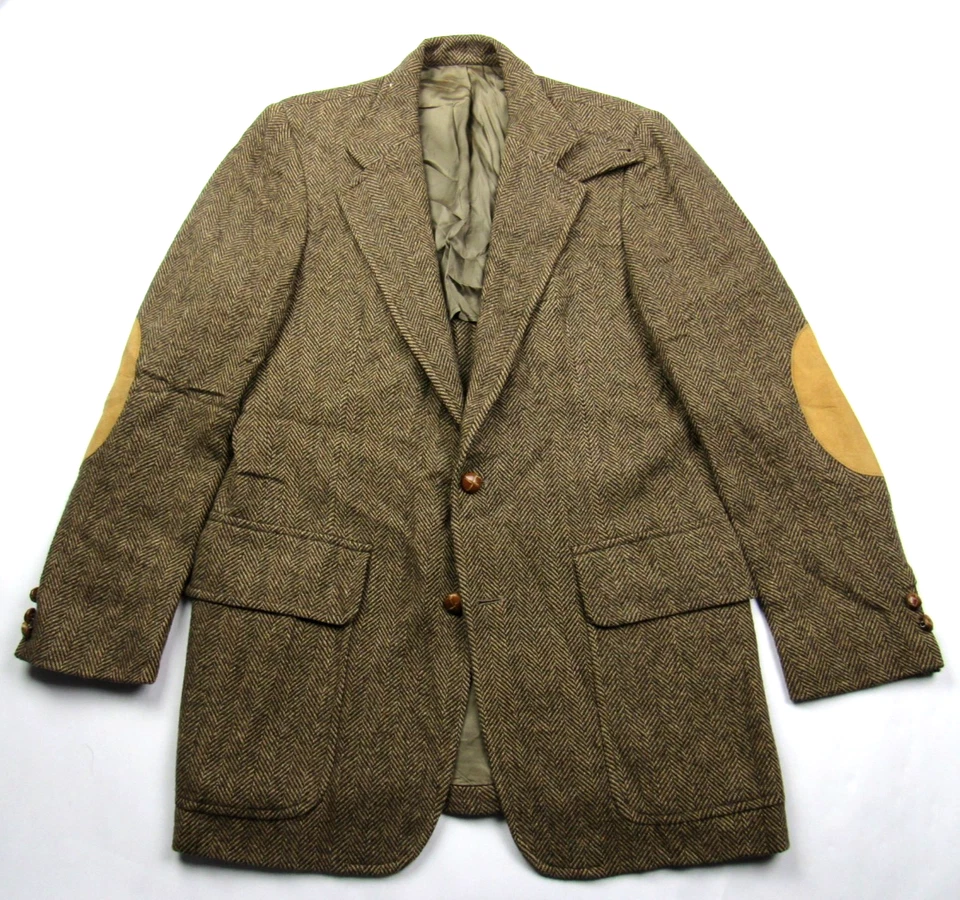 复古 20 世纪 60 年代 Saks 粗花呢西装外套 尺寸 40 L 皮革肘贴 喉闩锁 英语 — 第 2/4 张图片