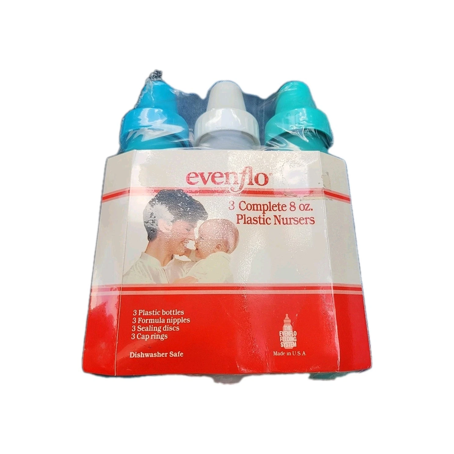 1989 Evenflo 2 Complete 4oz Color Plastic Nursers Bottles Prop Vintag