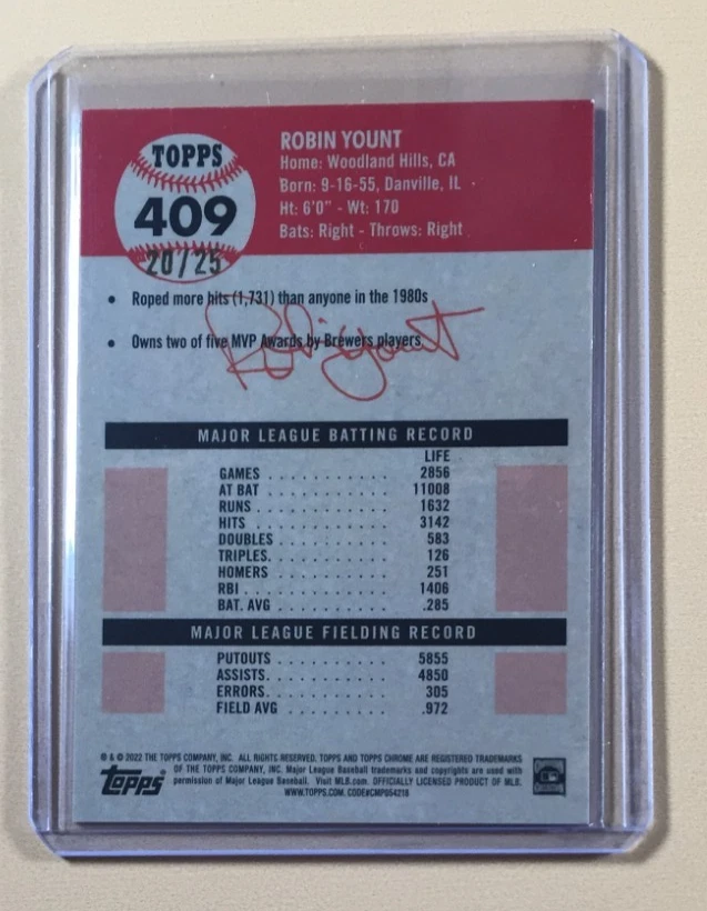 2022 TOPPS CHROME PLATINUM ANNIVERSARY ROBIN YOUNT ORANGE REFRACTOR #20/25 - Image 2 of 2