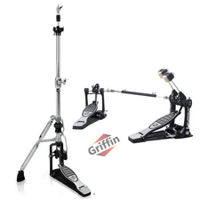 GRIFFIN 2-Leg Hi-Hat Stand & Double Bass Pedal | Deluxe Duel Chain Drive BUNDLE