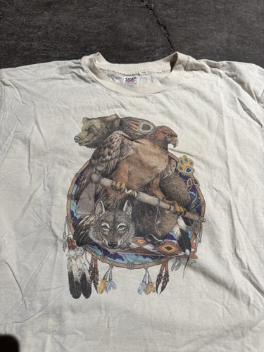 Vintage 90s Nature Animal Native American Graphic T Shirt Eagle Wolf Bear 2X - Picture 2 of 7