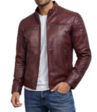 Burgundy Leather Design Men's Retro Vintage Café Racer Slim Fit Quilted Jacket