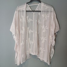 Sheer Embroidered Floral Cardigan Kimono Cover-up Pink Medium Resort Flowy