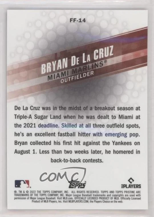 2022 Topps Pristine Fresh Faces Bryan De La Cruz #14 Rookie RC - Image 2 of 2