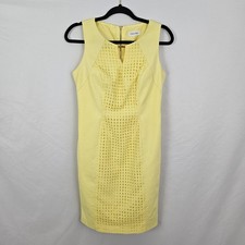 Calvin Klein Yellow Grid Eyelet Sleeveless Bodycon Dress Sheath Size 4