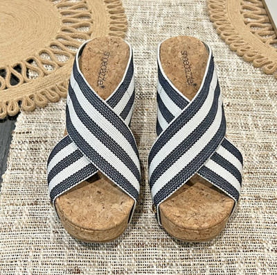 Womens Navy Blue & White Striped Canvas Platform Criss Cross Cork Wedge Sandal 7