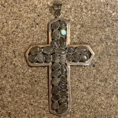 Großer Kreuz Anhänger Sterlingsilber und Labradorit Vintage - Bild 2 von 7