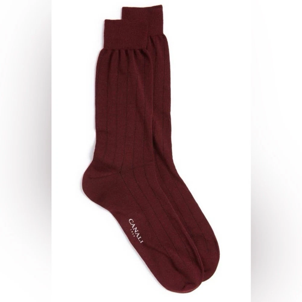 CANALI MENS WOOL DRESS SOCKS EMBROIDERED PINSTRIPE BURGUNDY SIZE LARGE NWT
