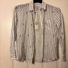 Rails Small Charli Navy Striped Tigers Print Button Down Blouse Linen Blend NWT