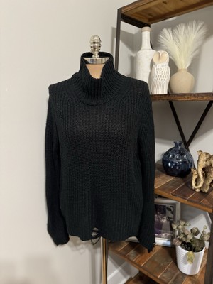 Chaser Distressed Black Chunky Knit Turtleneck Mock Neck Women s SIZE MED