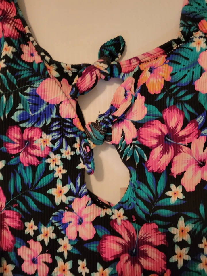 NWT Island Soul One Piece Swimsuit Sz S Black Neon Floral Print Tie Front Bathin - Image 2 of 4