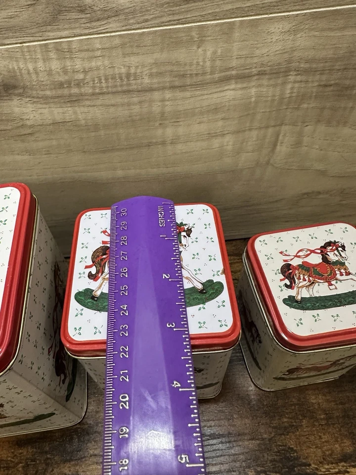 VTG 3 Christmas Decorative Cookie Candy Tins, Rocking Horse, Stackable, Nesting - Image 4 of 4