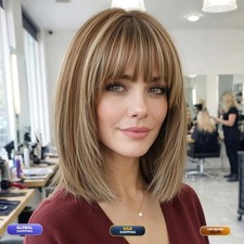 ELLORS 12 Inch Brown Mixed Blonde Human Hair Bob Wig with Bangs