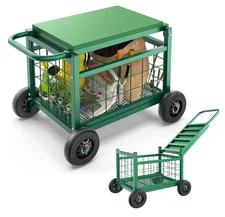 Rolling Garden Work Seat with Wheels, Heavy Duty Gardening Cart with Seat, Green