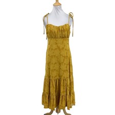 Lulus Dress Womens M Medium Mustard Sweet Sentiments Jacquard Tiered Midi Lined