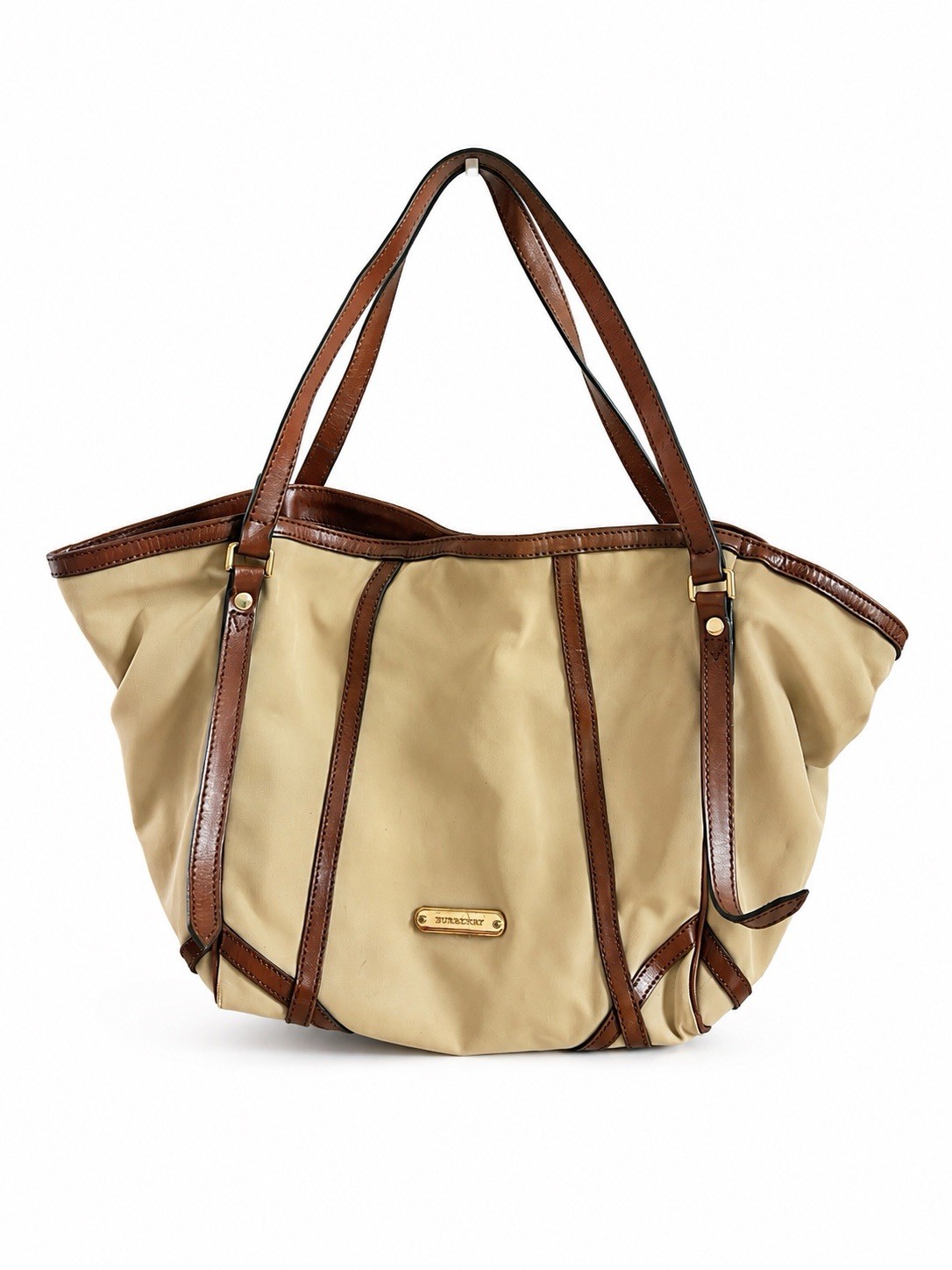 Burberry Beige Nylon Leather Tote Bag Shoulder Bag Vintage Nova Check Style