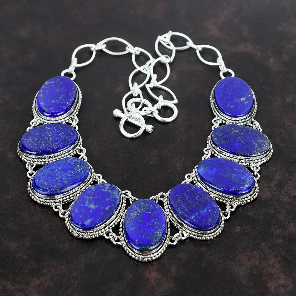 Venta de San Valentín 925 Plata Lapislázuli Piedra Cadena Bisel Vintage Collar Boho Foto 4 de 4