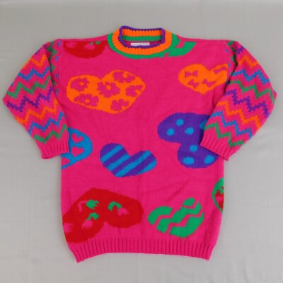 Vintage 80s Hot Cashews Kids Rainbow Neon Retro Hearts Sweater Medium #2079