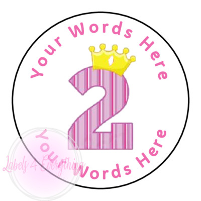 Personalised 2nd Pink Crown Number Two Birthday Stickers Party Thank You Cone