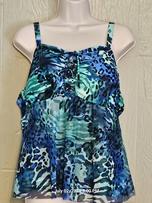 Women's Del Raya Swimware 18W Top Blue Teal Black Animal Print Lace-up Front