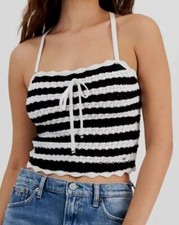 Image of Tommy Jeans Women's Black Striped Crochet Front-Tie Sweetheart Tank Top Size S