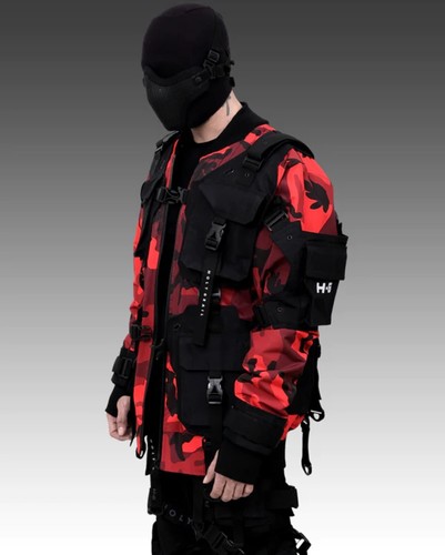 Men's Techwear Red Camouflage Jacket Hoodie Full Zip Buckle H-G B.O.M.B ...