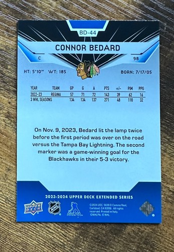 2023-24 Upper Deck '07-08 Black Diamond Retros #BD44 Connor Bedard RC #X10603 - Bild 2 von 2
