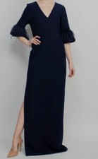 395 Aidan Mattox Women's Blue Feathered-Cuff V-Neck Gown Dress Size US 6