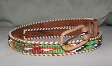 Vintage Beaded Tooled Leather Souvenir Belt Sz 34 Thunderbird Multi-Color Green 