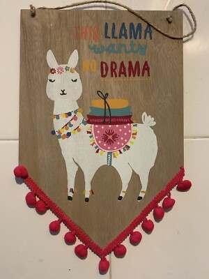 Wohndeko Boho Wandbild Holzschild Dieses Lama will kein Drama Bommel